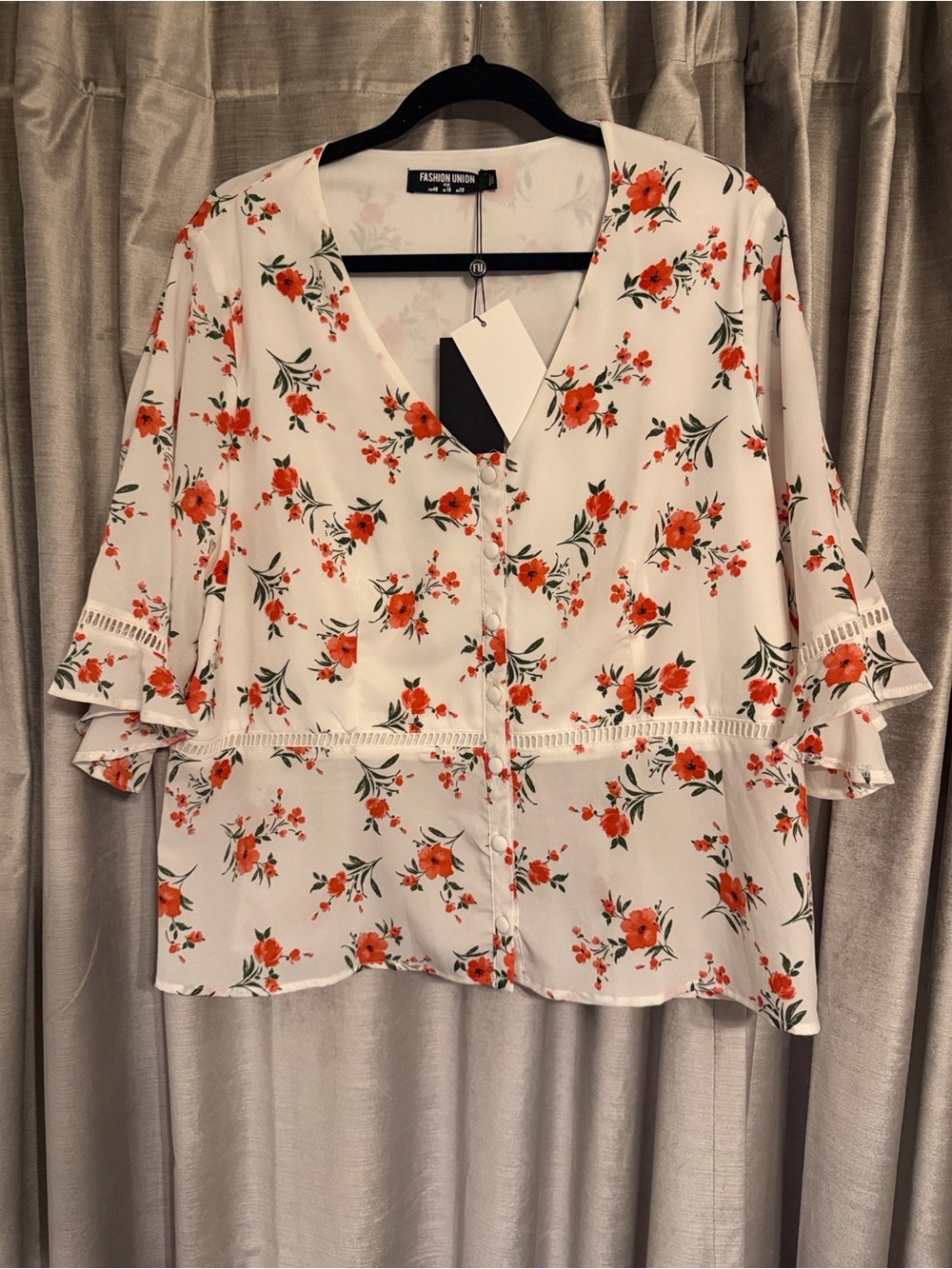Fashion Union White Blouse with Orange/red Floral Print